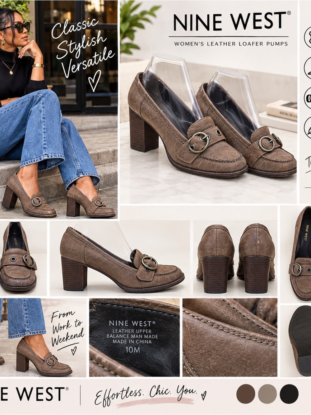 Nine West Leather Loafer Oxford Pumps 10M Brown Buckle Block Preppy Y2K Heels